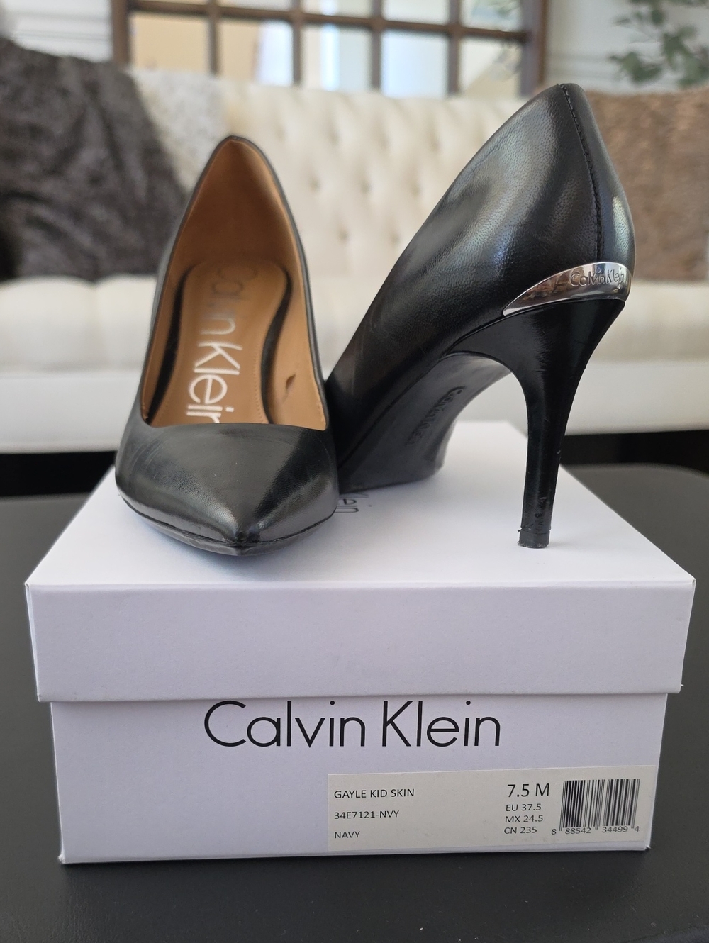 Calvin Klein Gayle Kid Skin Black Leather Pointed-Toe Stiletto Pumps In  7.5 M